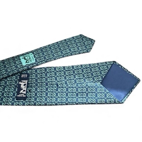 Hermès Paris Silk Tie Navy Teal Horseshoe Polo Mallet Equestrian Pattern EUC - Picture 3 of 10